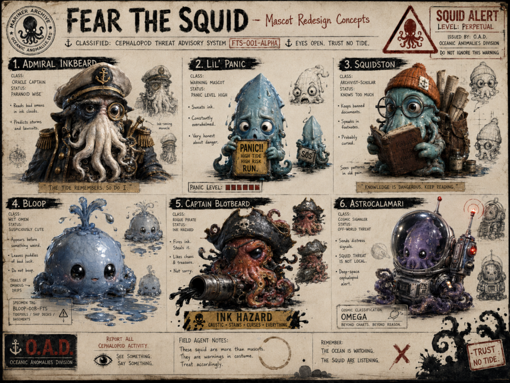 Ultra-realistic concept art reference of Admiral Inkbeard, an elderly squid sea captain with monocle, captain hat, and white beard-like tentacles.