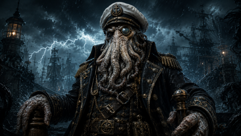 Admiral Inkbeard as a stoic cephalopod sea captain with monocle, white captain hat, tentacled beard, and ornate naval coat in a stormy harbor.