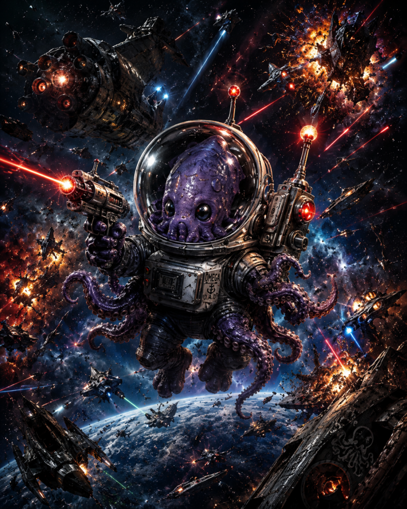 Ultra-realistic Astrocalamari, a purple squid astronaut in a dome helmet, fighting through an epic space battle with lasers and explosions.