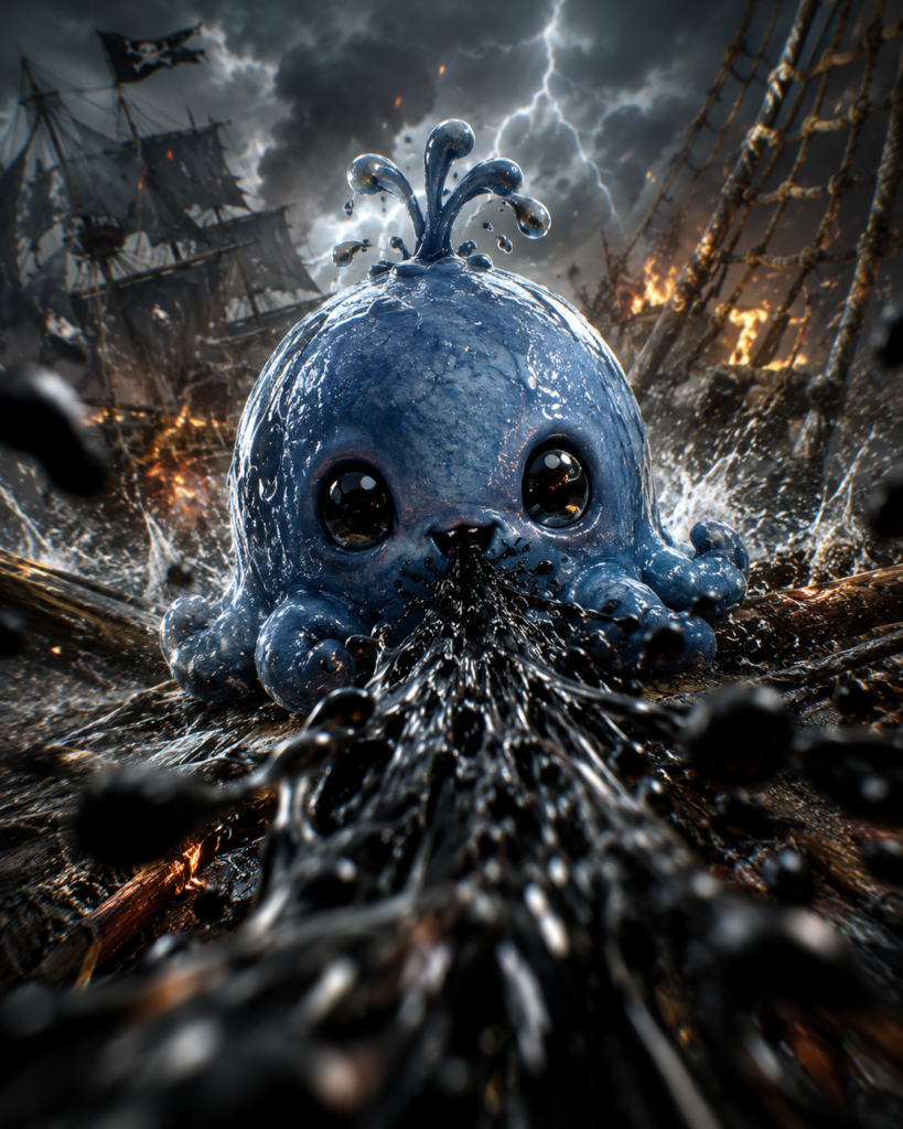 Ultra-realistic Bloop, a glossy blue wet omen squid, squirting black ink toward the viewer during a stormy sea battle.