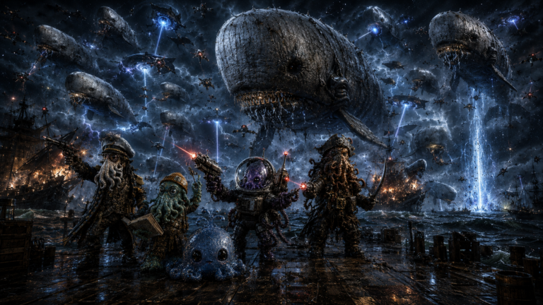 The five heroes battle Bonewake’s cosmic whale armada from the front.