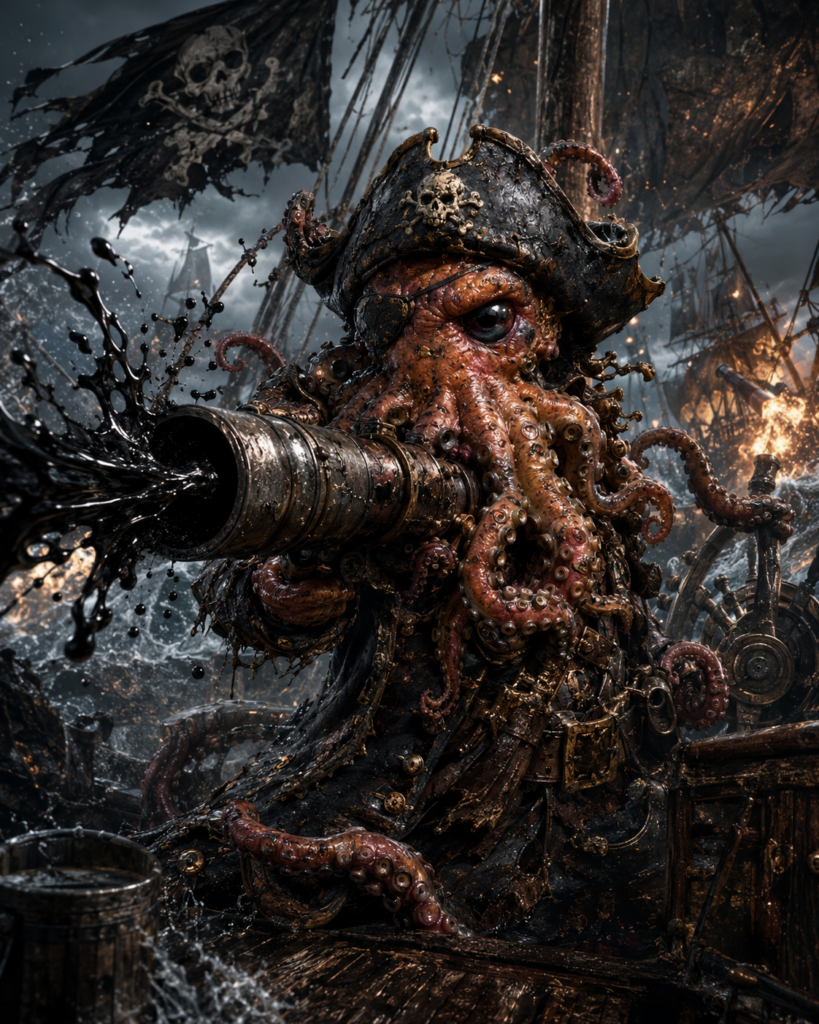 Ultra-realistic Captain Blotbeard, a red-orange pirate squid with eyepatch and ink cannon, fighting on a stormy ship.