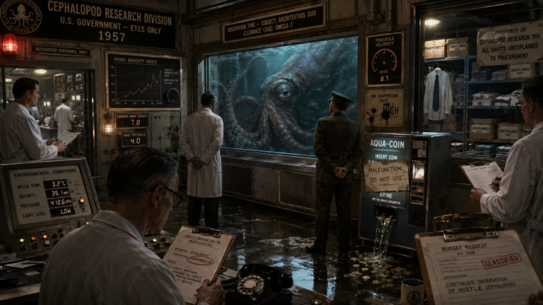 A secret 1957 government lab measuring squid panic density, tentacle velocity, and brine vending anomalies.