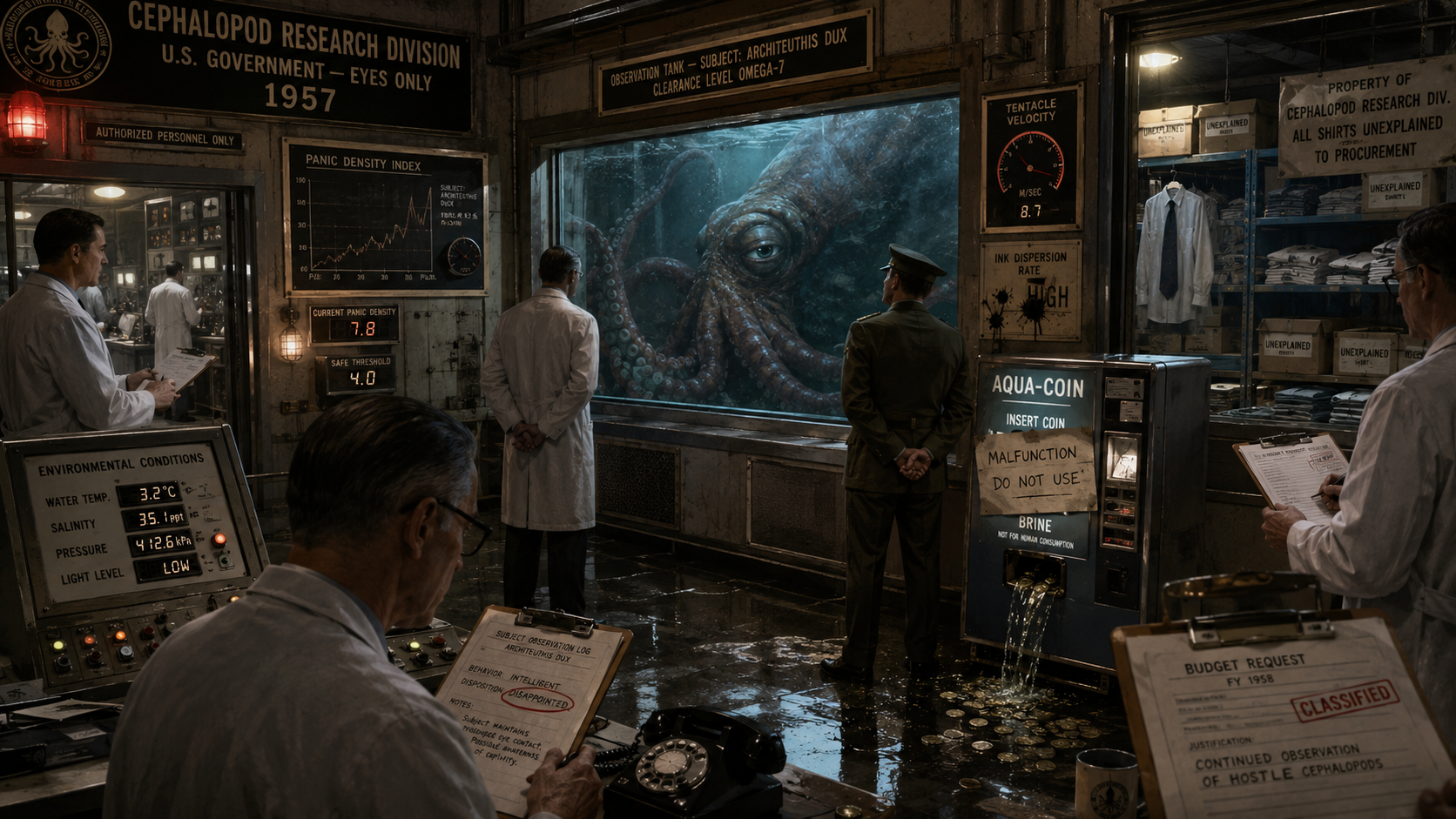 A secret 1957 government lab measuring squid panic density, tentacle velocity, and brine vending anomalies.