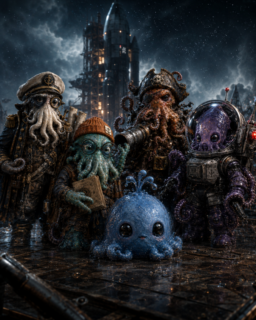 Ultra-realistic group portrait of Admiral Inkbeard, Squidston, Bloop, Captain Blotbeard, and Astrocalamari standing together on a stormy spacepunk mission deck.