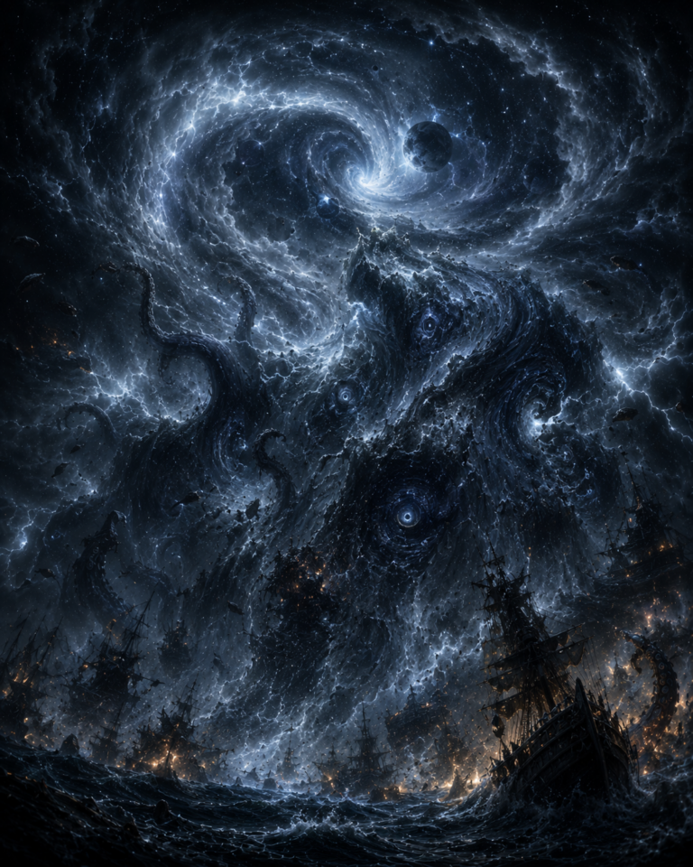 A cosmic ocean vortex over a dark sea with tentacles, shipwrecks, lightning, and deep-space storm energy suggesting the Perpetual Tide.