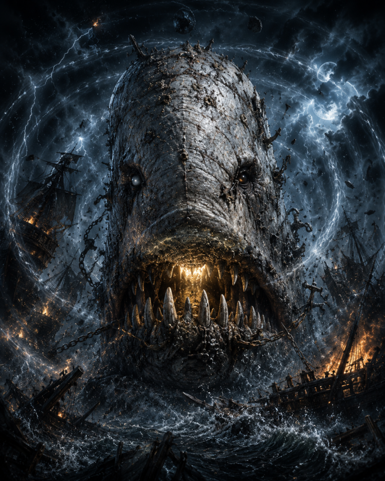Ultra-realistic portrait of Lord Bonewake, a colossal sperm whale leviathan, rising from stormy seas and unleashing a supernatural Clickstorm amid wrecked ships.
