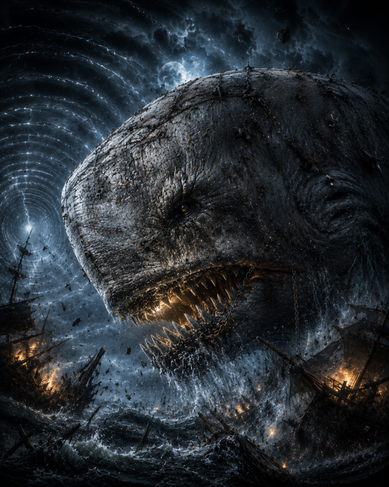 Ultra-realistic side view of Lord Bonewake, the Maw of the Wrong Tide, with scarred bone-gray hide, ivory teeth, chains, shipwreck debris, and sonar shockwaves.