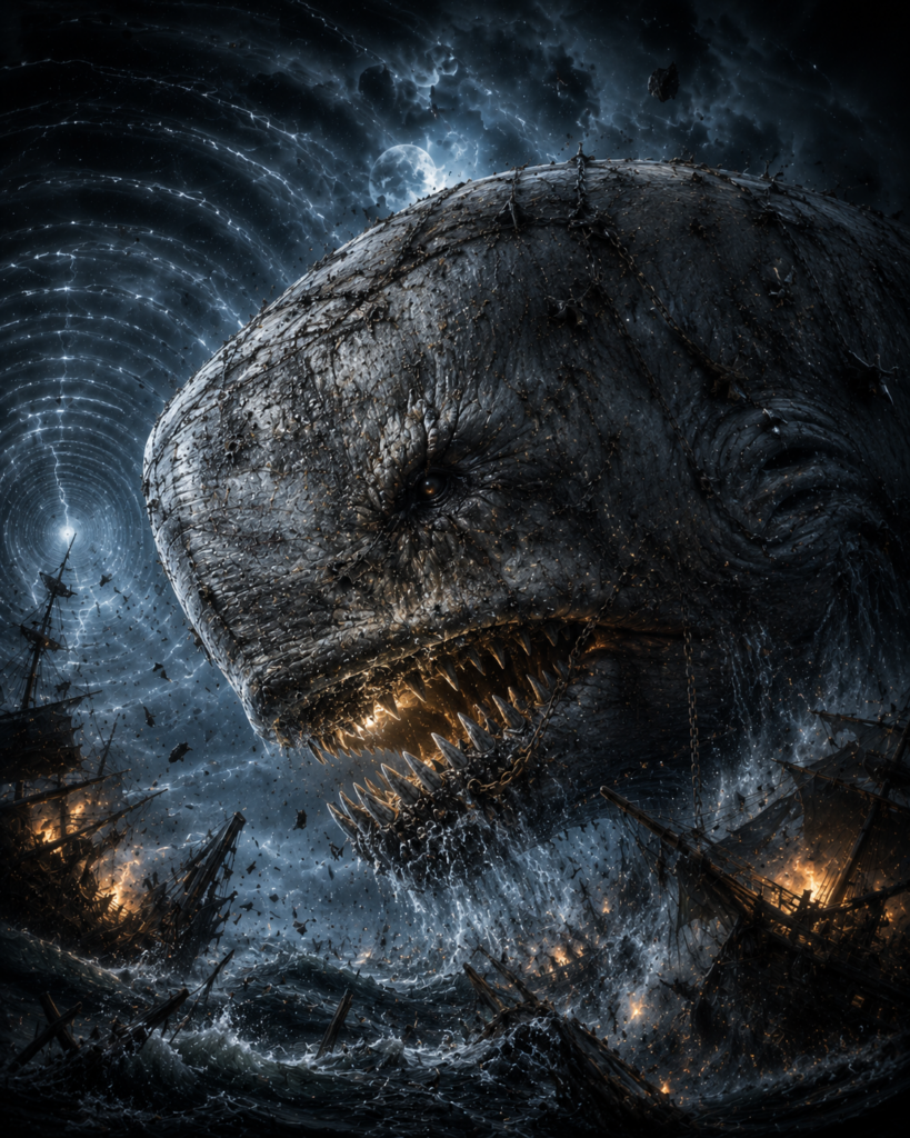 Ultra-realistic side view of Lord Bonewake, the Maw of the Wrong Tide, with scarred bone-gray hide, ivory teeth, chains, shipwreck debris, and sonar shockwaves.