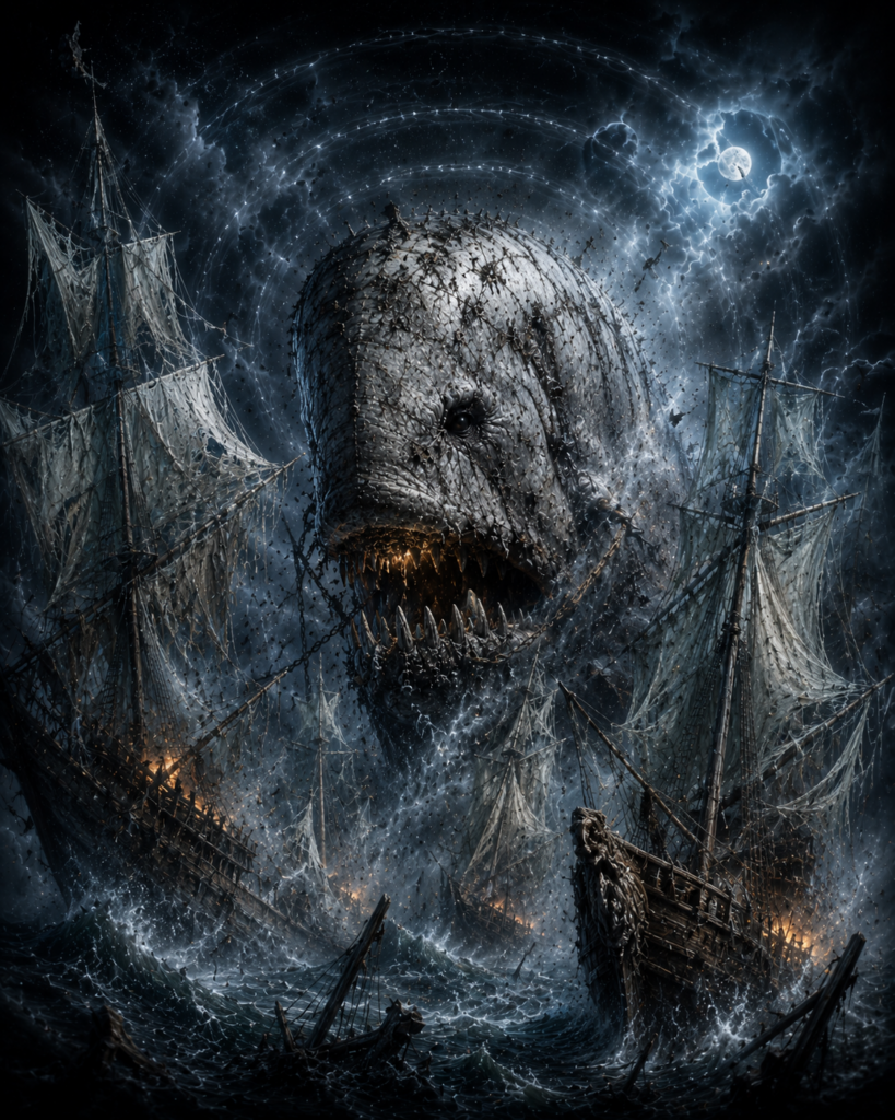 Lord Bonewake attacking ghost ships in a storm, earlier darker Ivory Fleet concept.