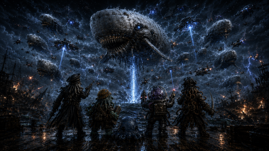 The Ink Alert Five facing an invasion of giant space whales and ships in a blue lightning storm above a ruined harbor.