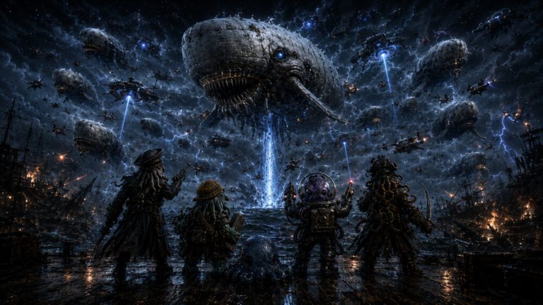 The Ink Alert Five facing an invasion of giant space whales and ships in a blue lightning storm above a ruined harbor.