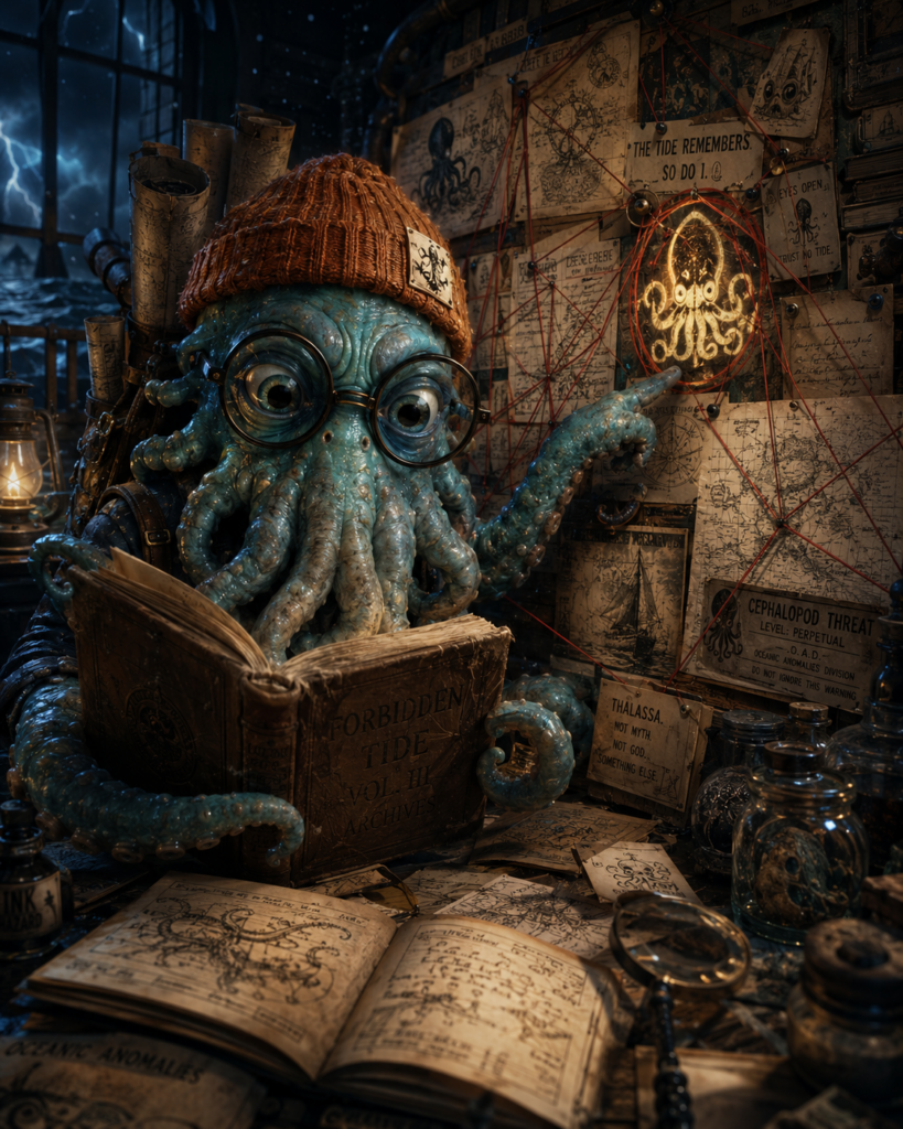 Ultra-realistic Squidston in an archive room solving a mystery, wearing round glasses and an orange beanie while pointing to a glowing squid sigil.