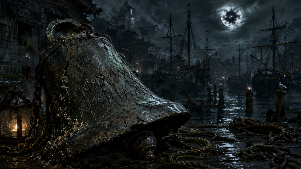 A cracked harbor bell on a moonlit dock with old ships, wet rope, sea fog, and ominous nautical warnings carved into metal.