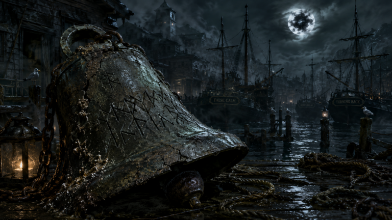 A cracked harbor bell on a moonlit dock with old ships, wet rope, sea fog, and ominous nautical warnings carved into metal.