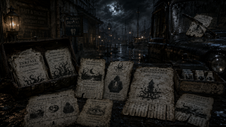 Weathered prophecy pamphlets and squid warning flyers spread across a wet harbor street near bait shop and dentist-office signs.