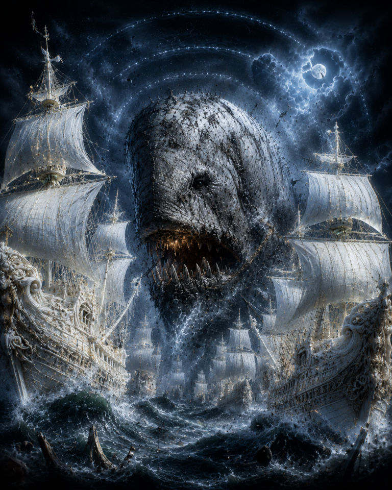 Lord Bonewake rising in a storm between pale ghost ships of the Ivory Fleet, with luminous clickstorm arcs crossing the night sky.