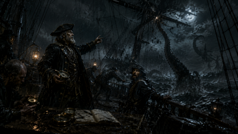 Sailors on a storm-battered ship react to a dark tentacle rising from the sea while compasses and wet logbooks sit under lantern light.