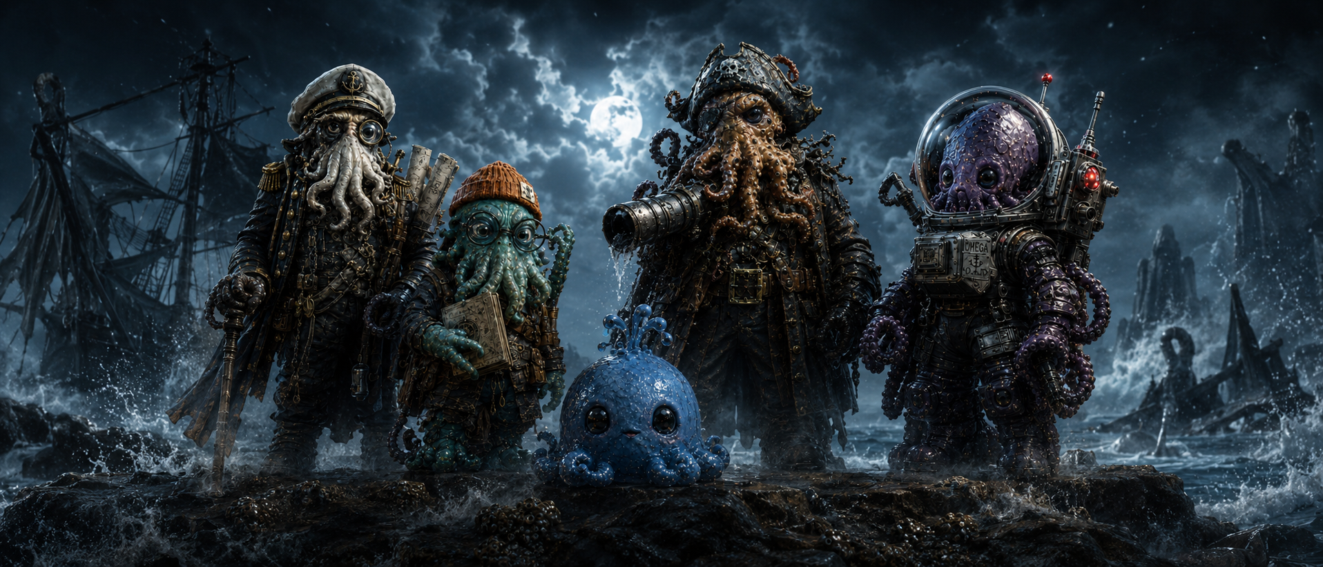 Ultra-realistic wide hero image of Admiral Inkbeard, Squidston, Bloop, Captain Blotbeard, and Astrocalamari standing together in stormy ocean darkness.