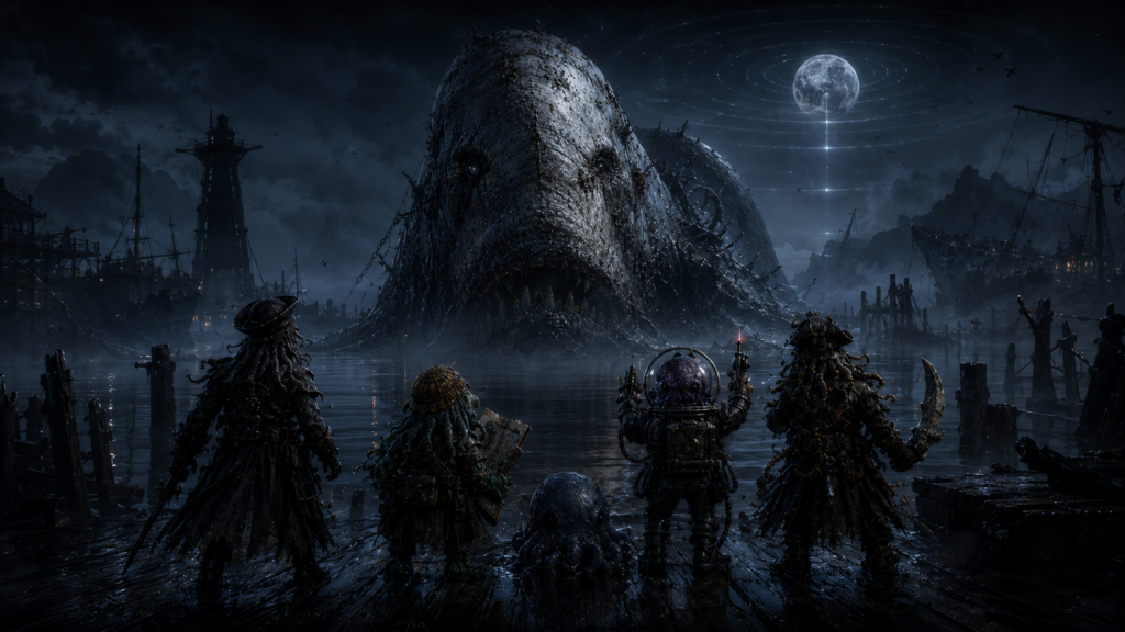 The Ink Alert Five standing on Blackwake Pier before Lord Bonewake rises from silent water under a moonlit clickstorm.