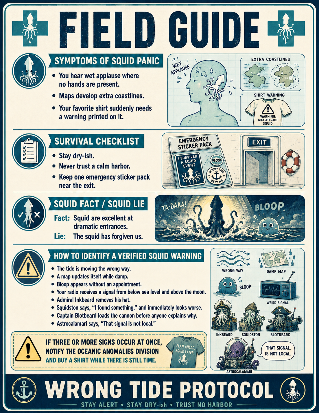 A humorous doctor-office style Field Guide poster listing squid panic symptoms and Wrong Tide protocol.